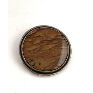 Vintage Artisan Brooch Jasper Stone Sterling Silver Frame Estate
